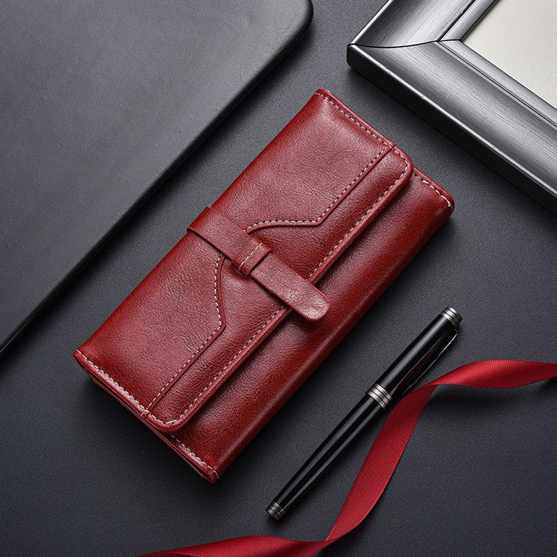 Leather Long Wallet with Button Closure