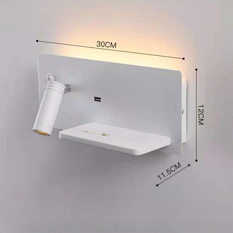 LED Wall Light with Shelf and USB Connection for Bedroom and Office