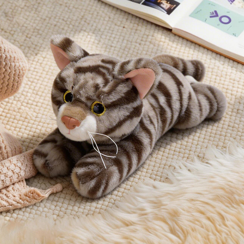 Lifelike Cat Plush Cuddle Pillow, Faux Fur, 10 inch