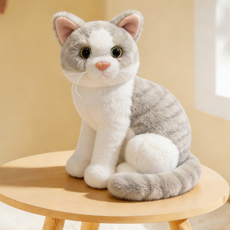 Lifelike Cat Plush Cuddle Pillow, Faux Fur, 10 inch