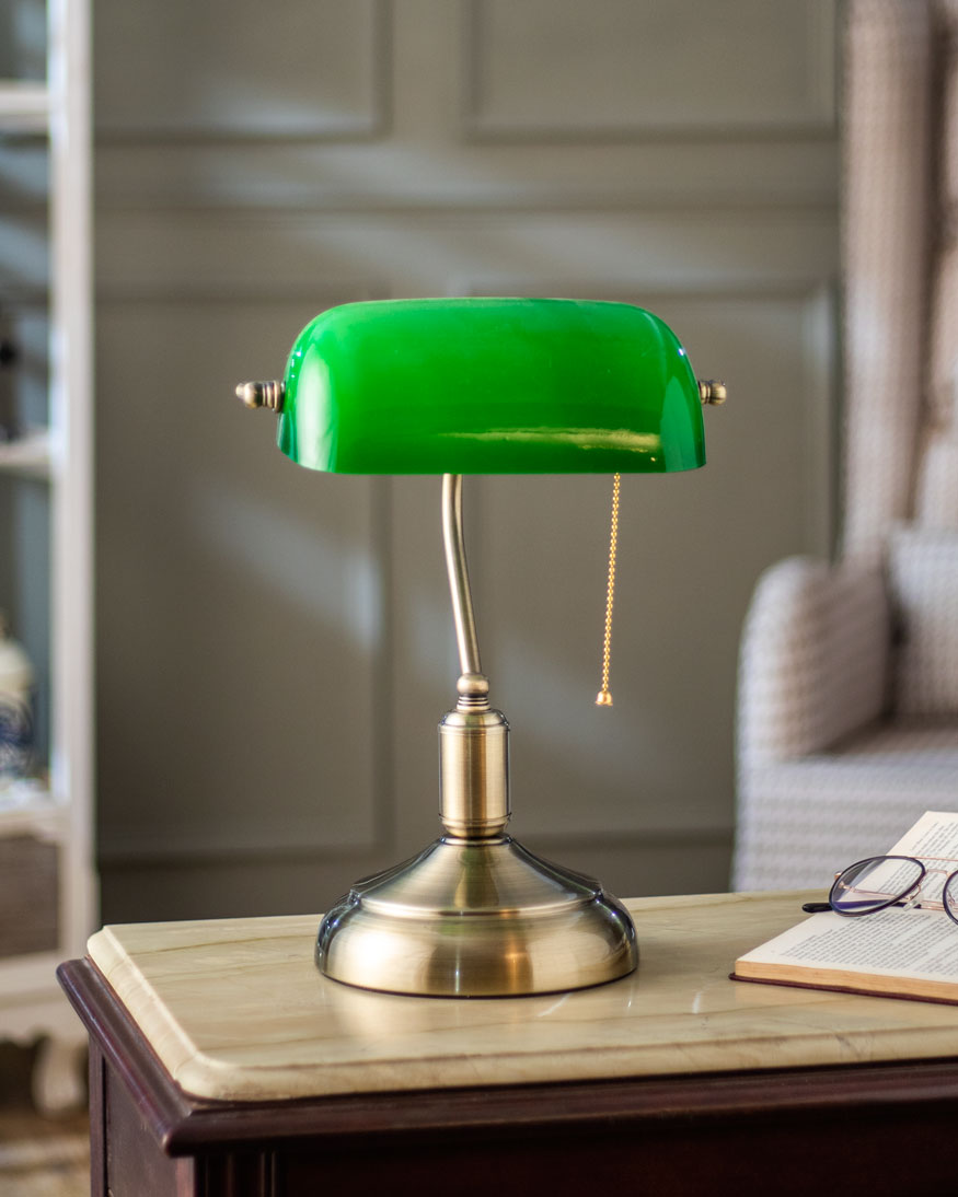 Classic Banker Desk Lamp - Brass Base, Emerald Glass Shade, 36 cm, view 5