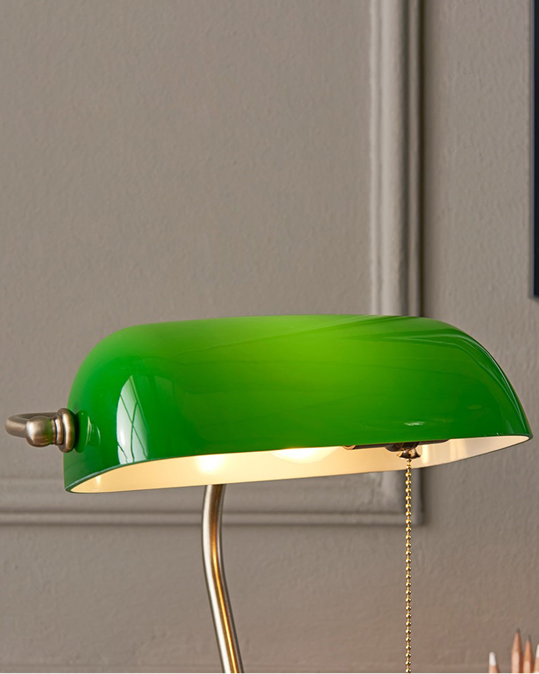 Classic Banker Desk Lamp - Brass Base, Emerald Glass Shade, 36 cm, view 6