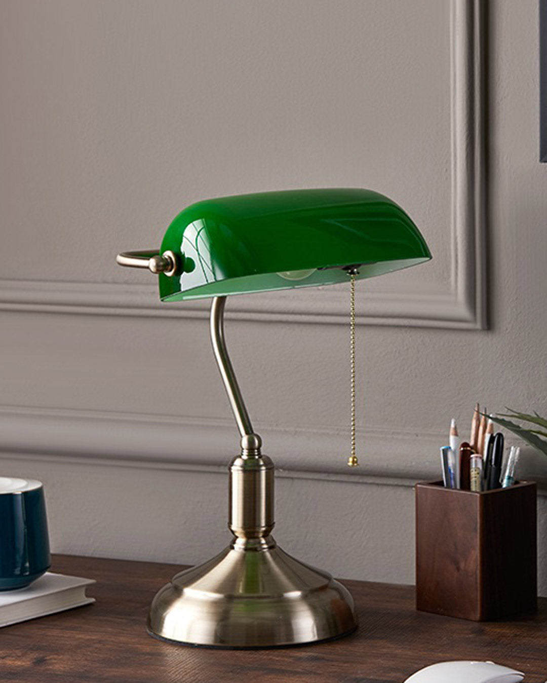 Classic Banker Desk Lamp - Brass Base, Emerald Glass Shade, 36 cm, view 9