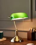 Classic Banker Desk Lamp - Brass Base, Emerald Glass Shade, 36 cm