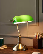 Classic Banker Desk Lamp - Brass Base, Emerald Glass Shade, 36 cm