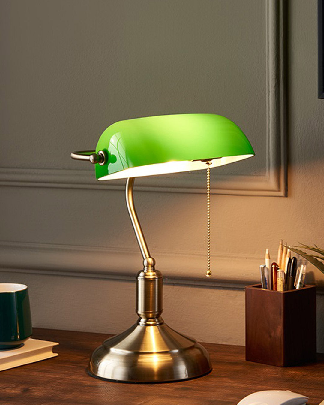 Classic Banker Desk Lamp - Brass Base, Emerald Glass Shade, 36 cm
