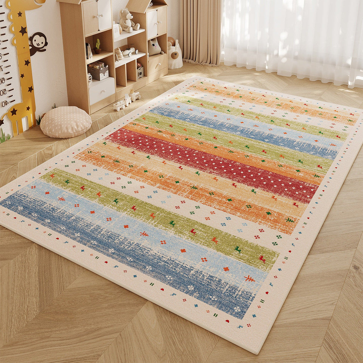 Low-Pile Kids' Playroom Area Rug with Colourful Patchwork Border