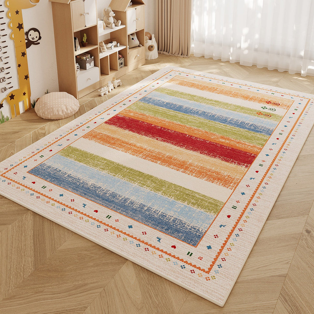 Low-Pile Kids' Playroom Area Rug with Colourful Patchwork Border
