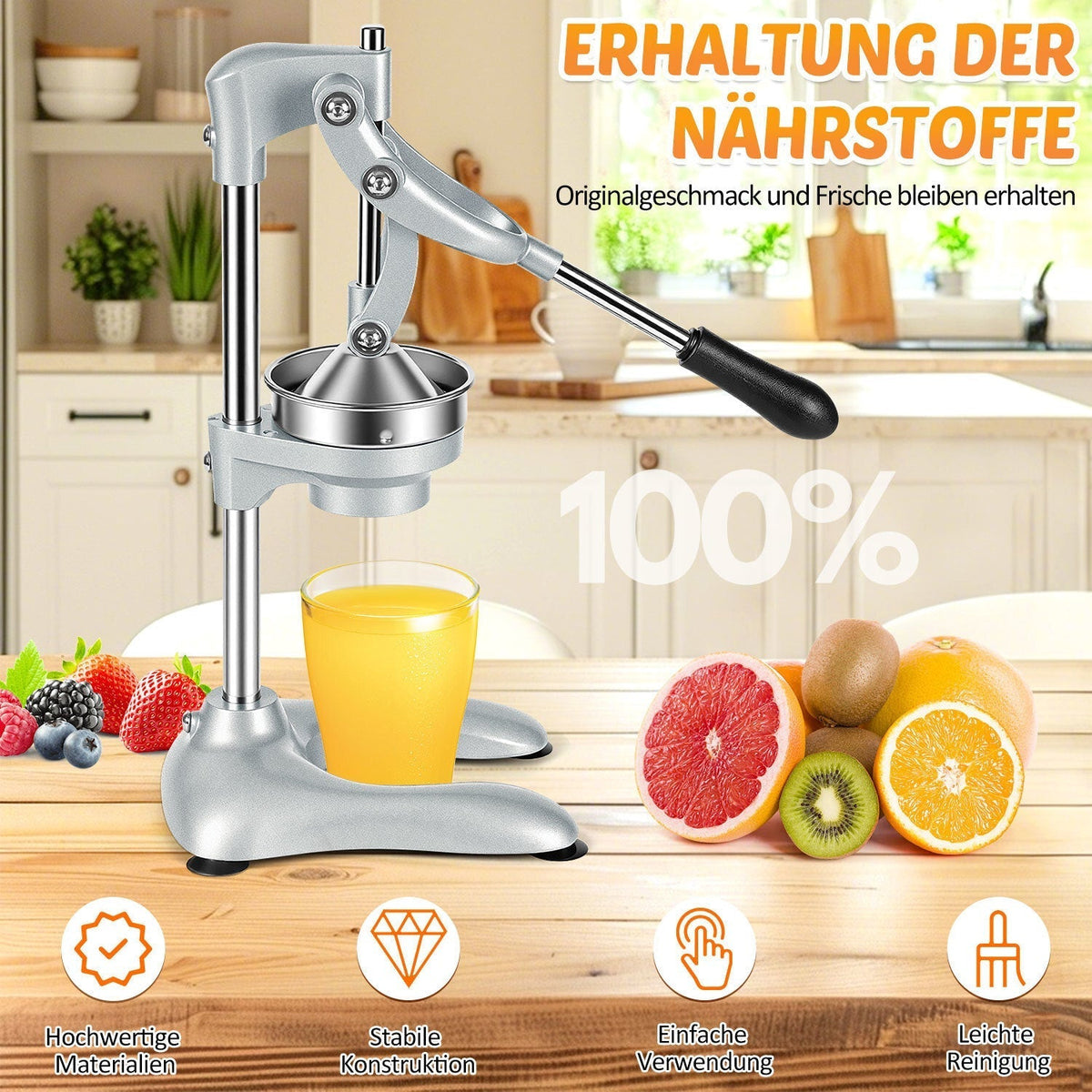 Manual Stainless Steel Citrus Press with Interchangeable Cones