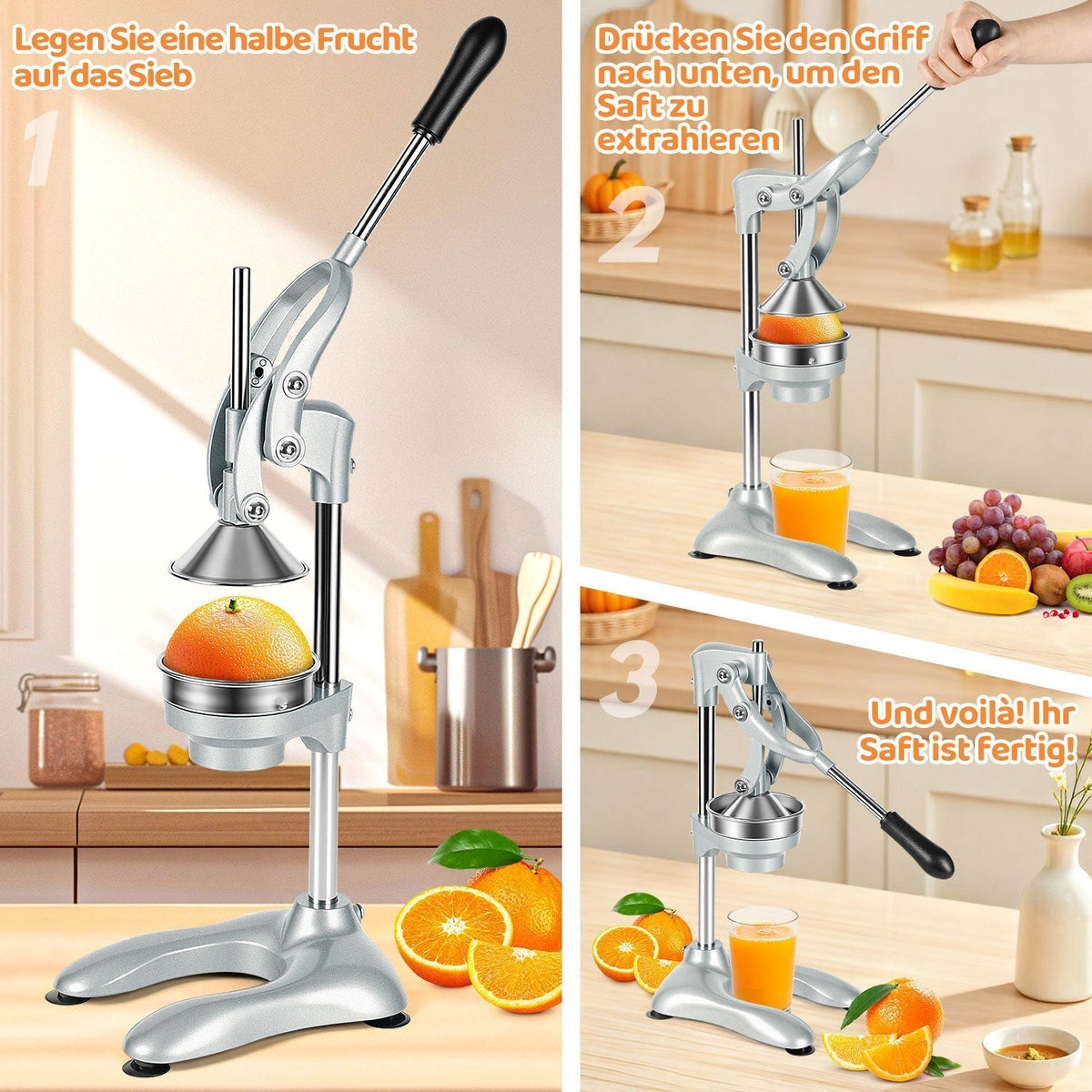 Manual Stainless Steel Citrus Press with Interchangeable Cones
