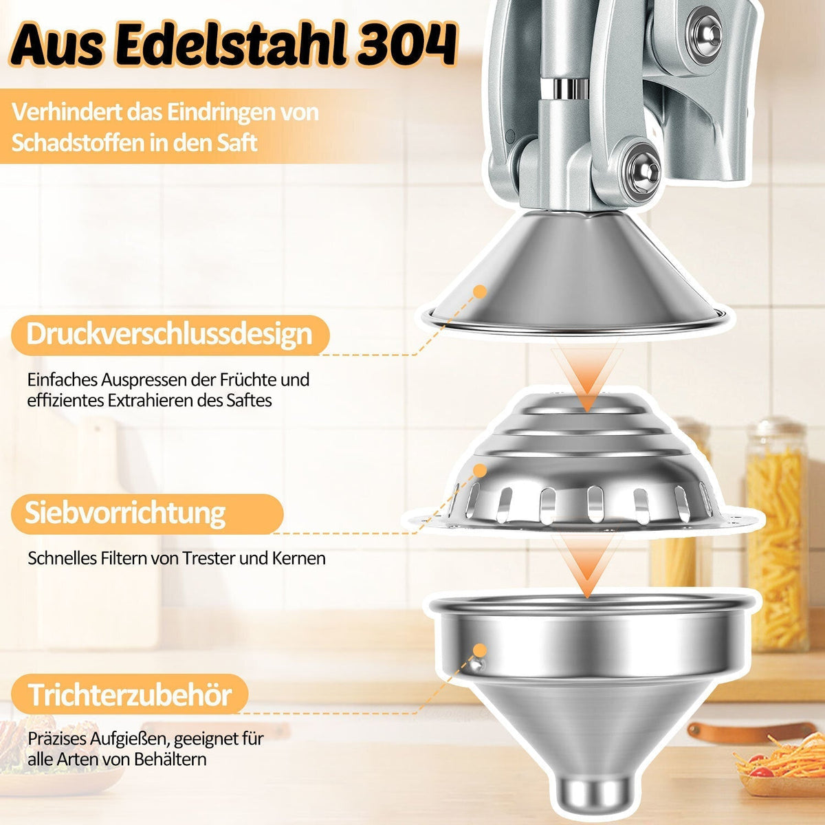 Manual Stainless Steel Citrus Press with Interchangeable Cones