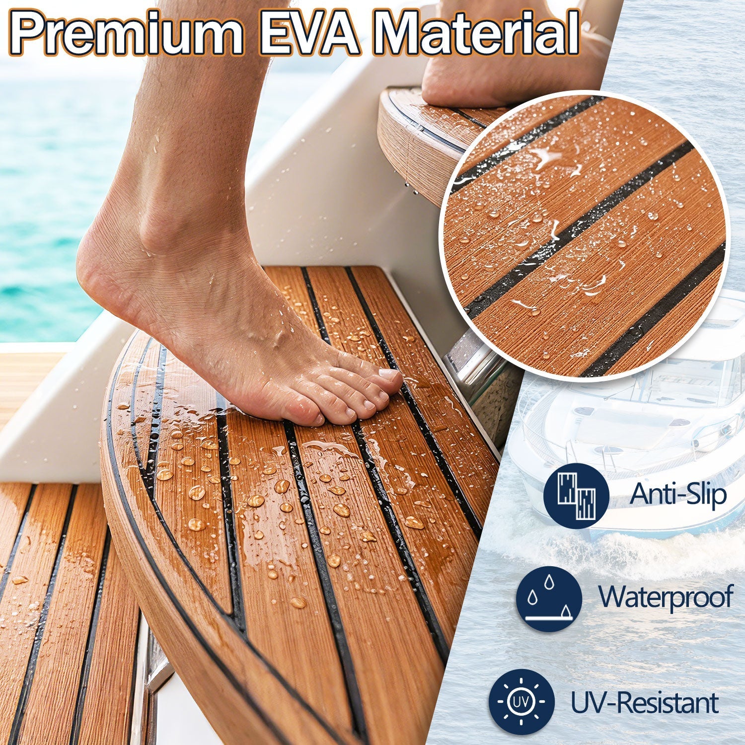 Boat EVA Teak Flooring Self-Adhesive - Brown or Grey, 240x45/60/90cm, view 2