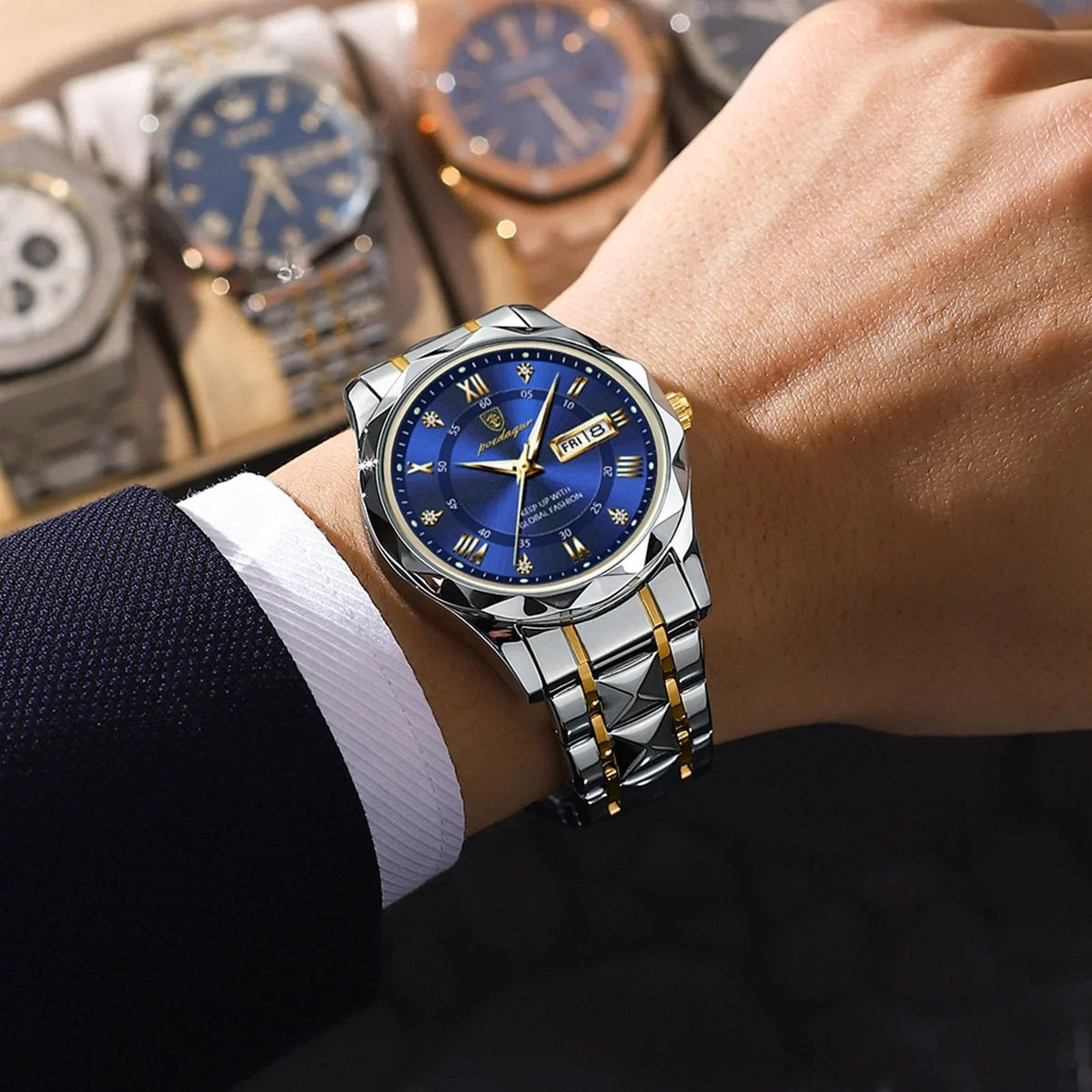 Men’s 40 mm Stainless Steel Day-Date Watch with Luminous Hands