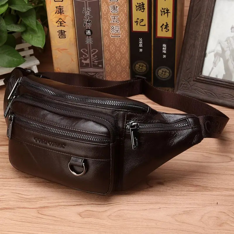 Men’s Genuine Cowhide Leather Waist Bag, Adjustable 130 cm Strap, Crossbody Travel Bag
