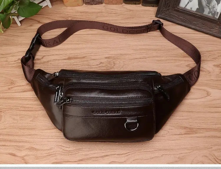 Men’s Genuine Cowhide Leather Waist Bag, Adjustable 130 cm Strap, Crossbody Travel Bag