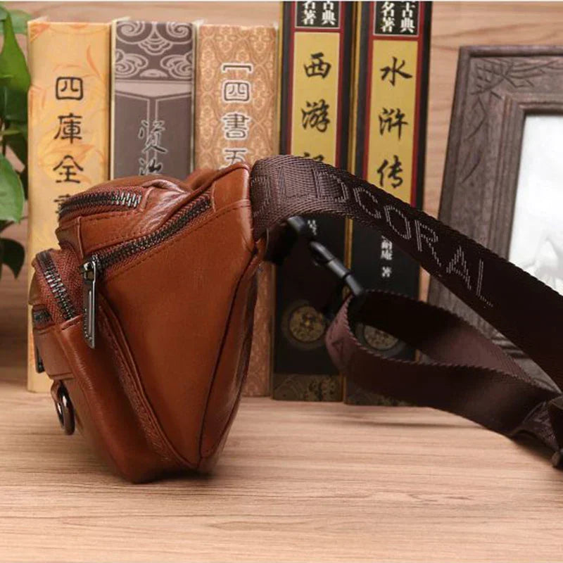 Men’s Genuine Cowhide Leather Waist Bag, Adjustable 130 cm Strap, Crossbody Travel Bag