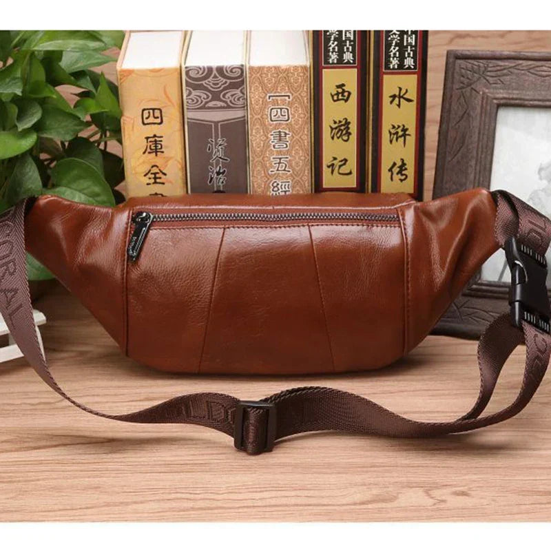 Men’s Genuine Cowhide Leather Waist Bag, Adjustable 130 cm Strap, Crossbody Travel Bag