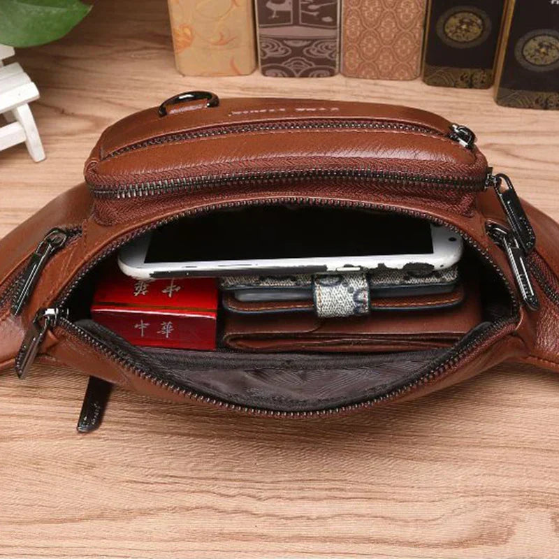 Men’s Genuine Cowhide Leather Waist Bag, Adjustable 130 cm Strap, Crossbody Travel Bag