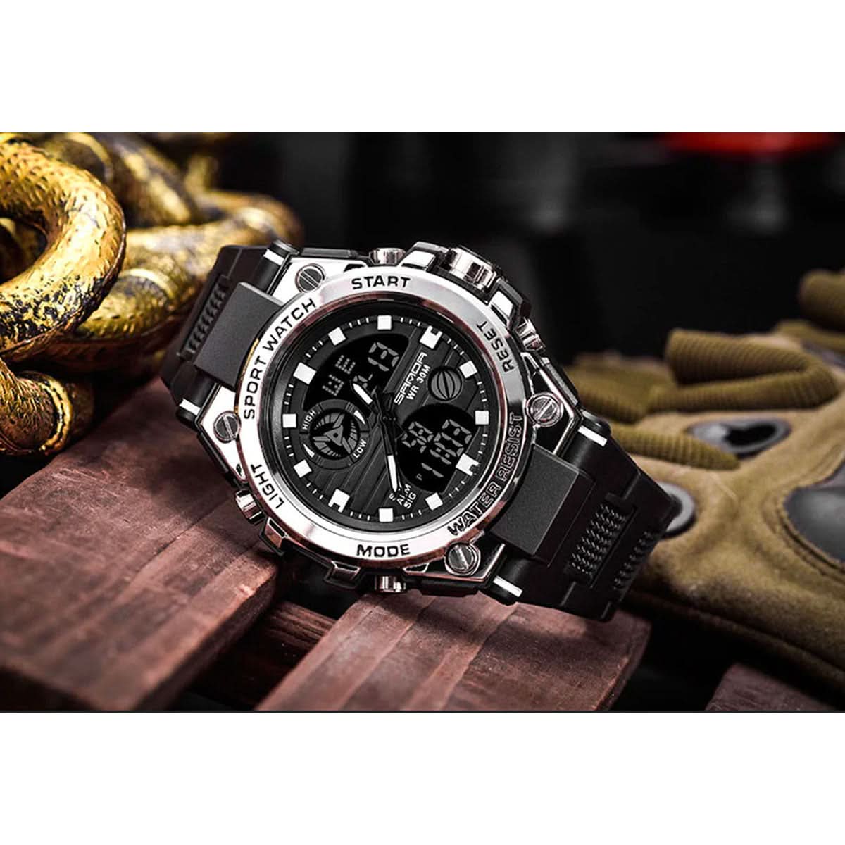 Men’s Military-Style Analogue-Digital Watch, 45 mm, Silicone Strap