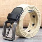 Men’s Striped Canvas Belt with Alloy Buckle, Adjustable 120–140 cm