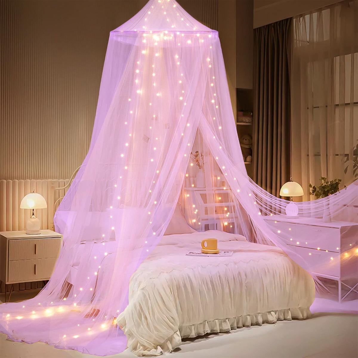 Mesh Bed Canopy Tent with LED Lights and Adjustable Hooks