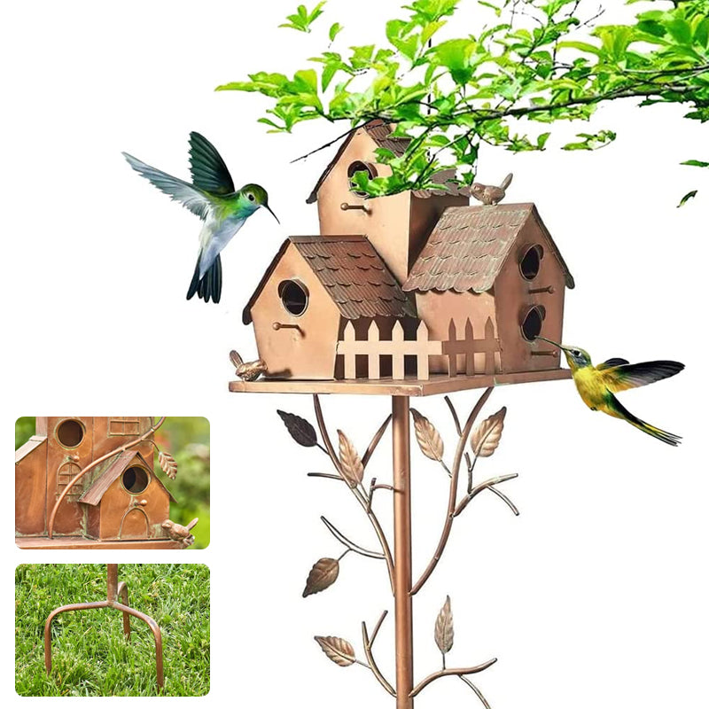 Metal Birdhouse Garden Stakes, Distressed Outdoor Décor, 10 × 10 × 20 cm