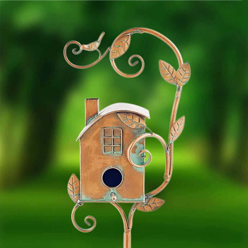 Metal Birdhouse Garden Stakes, Distressed Outdoor Décor, 10 × 10 × 20 cm