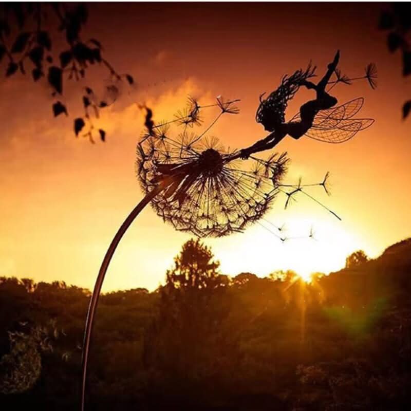 Metal Fairy Garden Sculpture with Dandelion Design