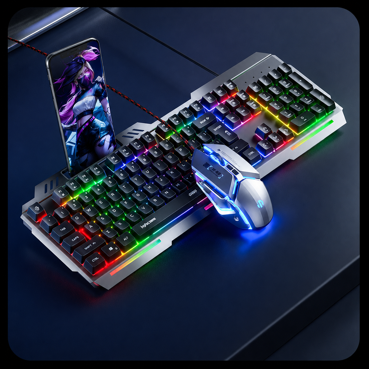 Metal Mechanical Keyboard and Mouse Set with Phone Holder