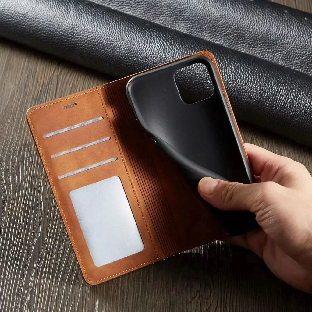 iPhone Leather Case with Magnetic Closure - Fits iPhone 7 to 15, Premium Leather