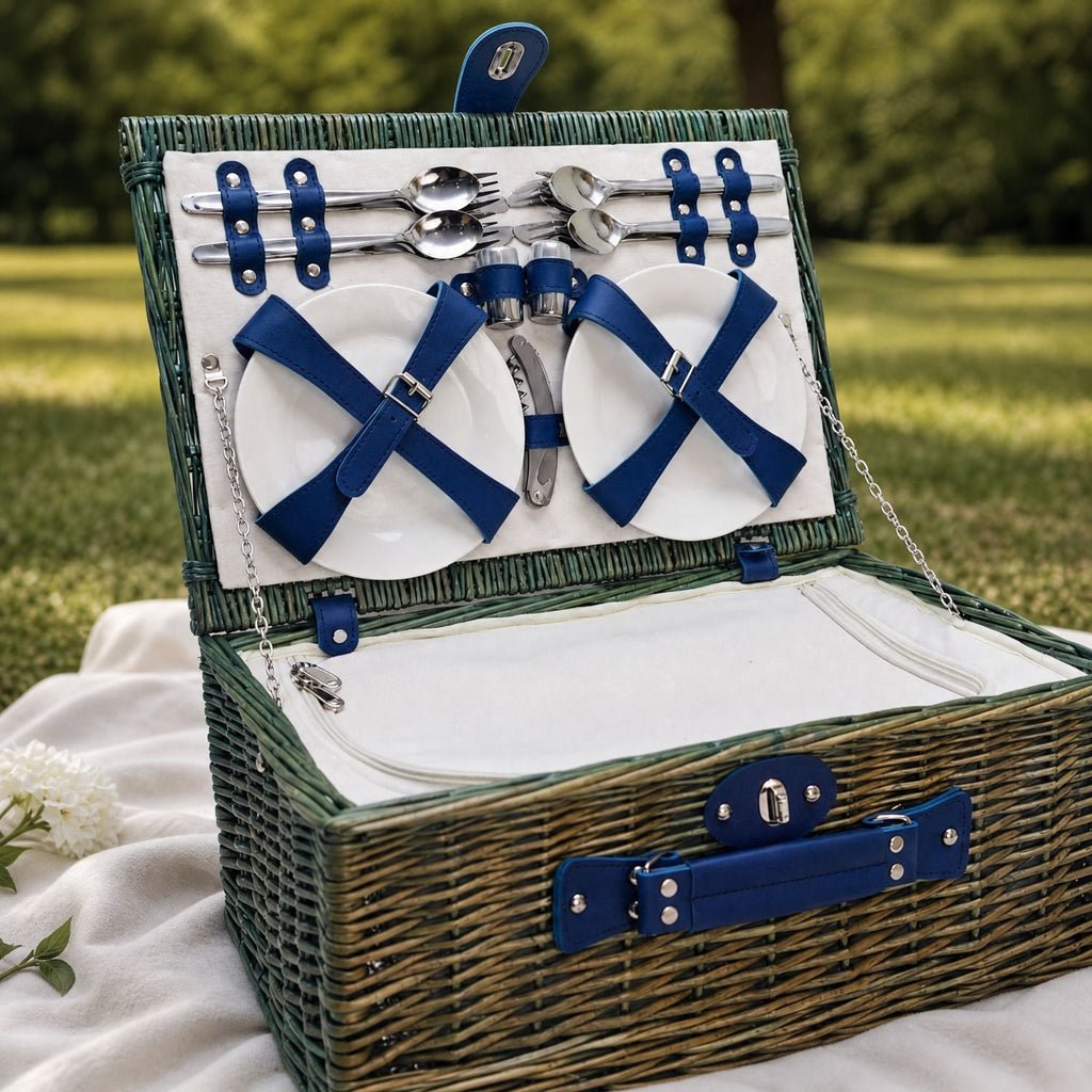 Natural Material Picnic Basket with Crockery Set and Insulated Cooler