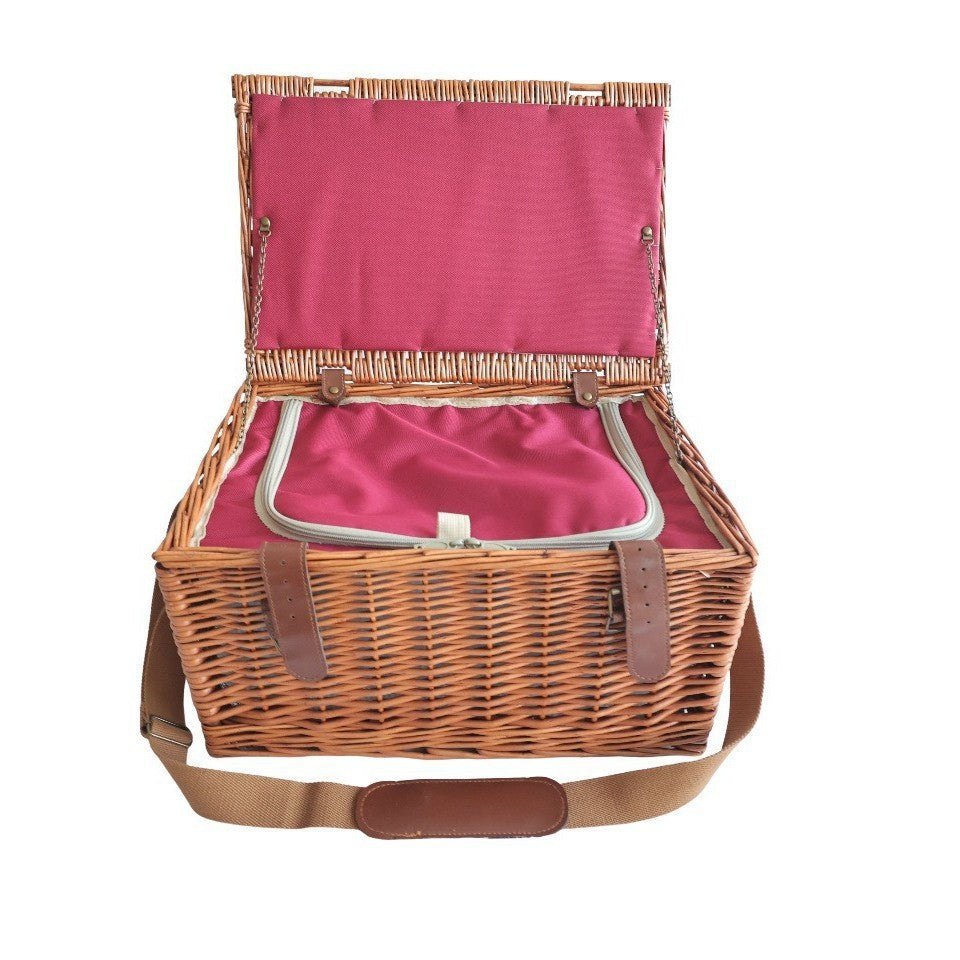 Natural Material Picnic Basket with Crockery Set and Insulated Cooler
