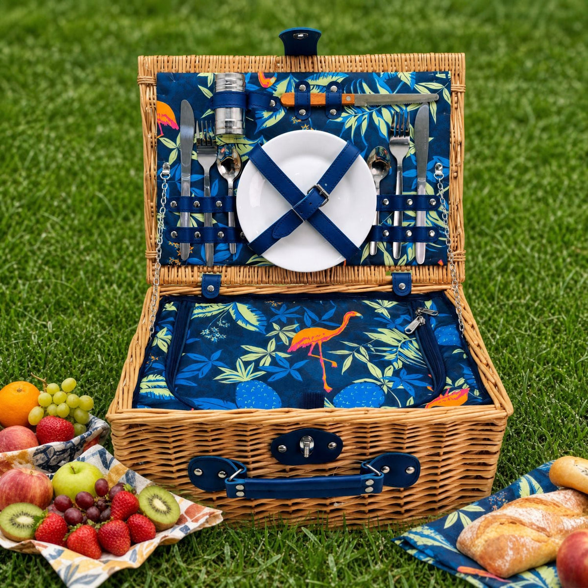 Natural Material Picnic Basket with Crockery Set and Insulated Cooler