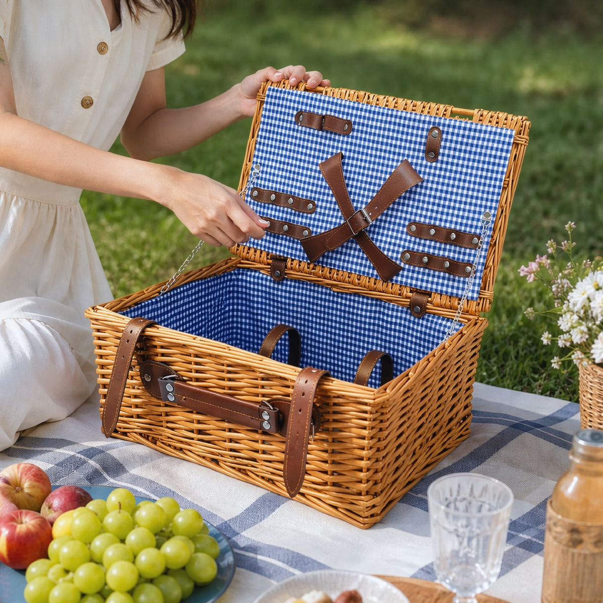 Natural Material Picnic Basket with Crockery Set and Insulated Cooler