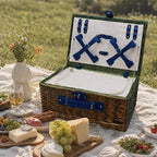 Natural Material Picnic Basket with Crockery Set and Insulated Cooler