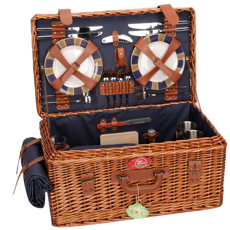 Natural Material Picnic Basket with Crockery Set and Insulated Cooler