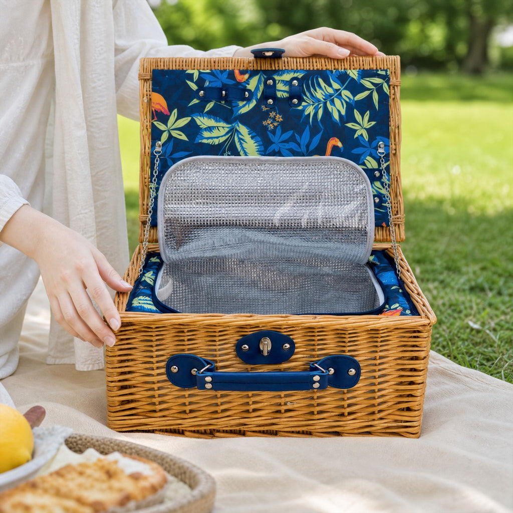 Natural Material Picnic Basket with Crockery Set and Insulated Cooler