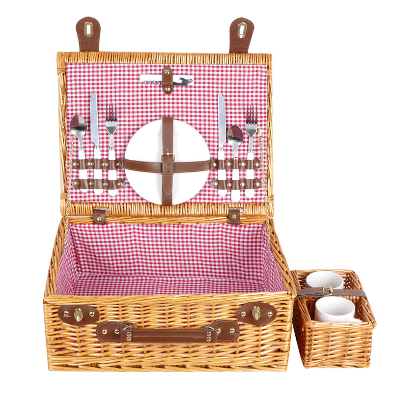Natural Material Picnic Basket with Crockery Set and Insulated Cooler