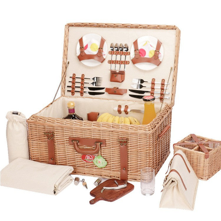 Natural Material Picnic Basket with Crockery Set and Insulated Cooler
