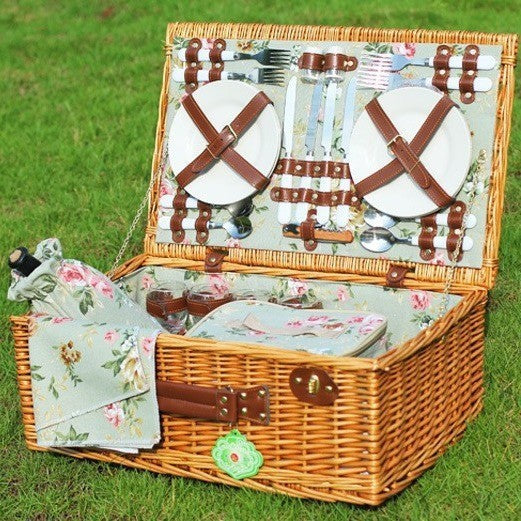 Natural Material Picnic Basket with Crockery Set and Insulated Cooler