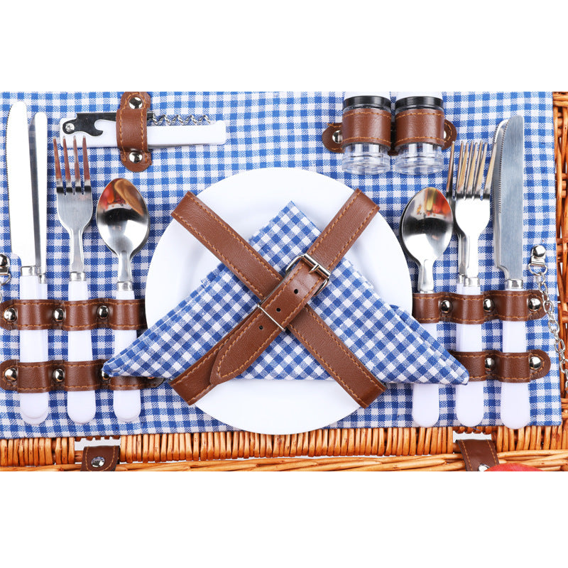 Natural Material Picnic Basket with Crockery Set and Insulated Cooler