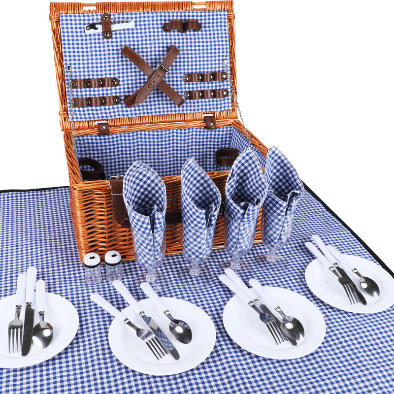 Natural Material Picnic Basket with Crockery Set and Insulated Cooler