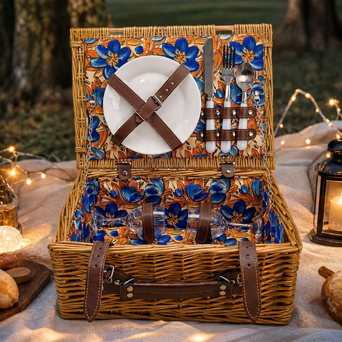 Natural Material Picnic Basket with Crockery Set and Insulated Cooler
