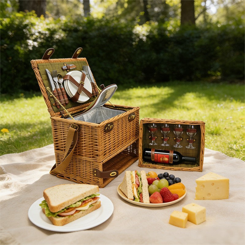 Natural Material Picnic Basket with Crockery Set and Insulated Cooler
