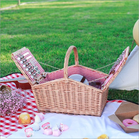 Natural Material Picnic Basket with Crockery Set and Insulated Cooler