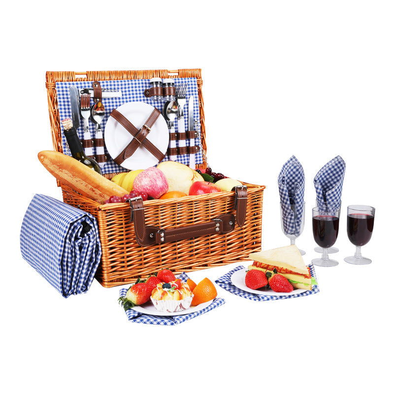 Natural Material Picnic Basket with Crockery Set and Insulated Cooler