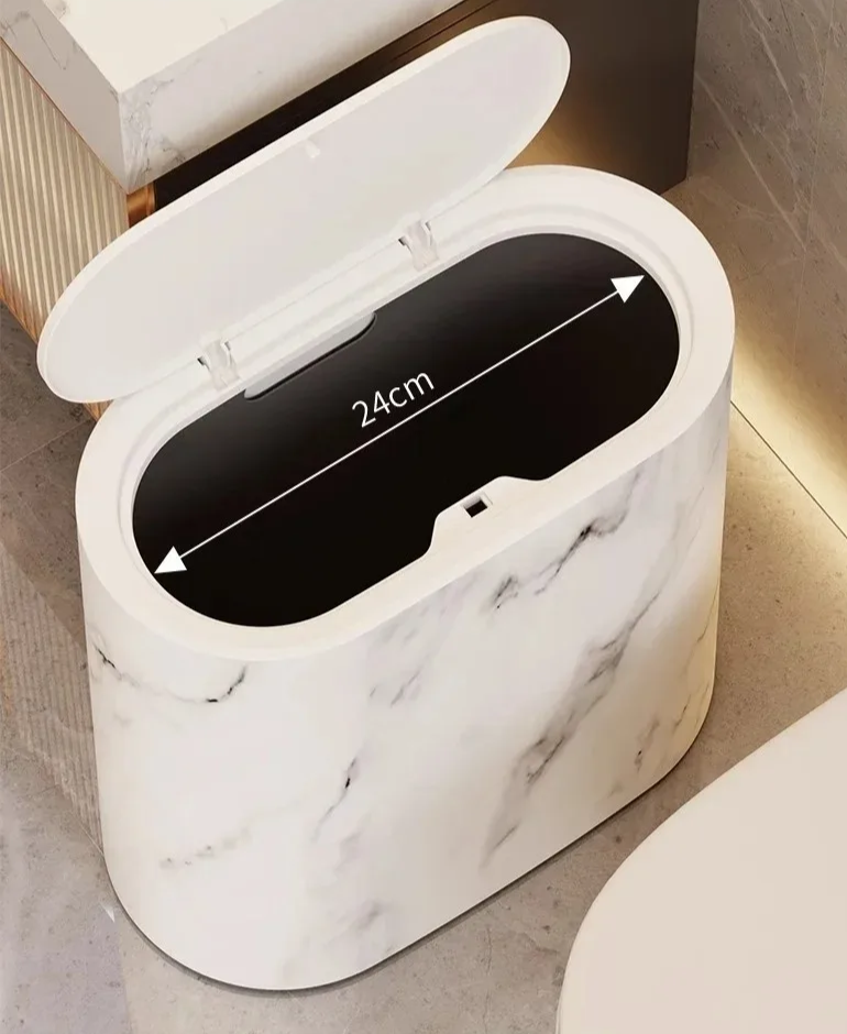 Nordic Marble-Effect Elliptical Push-Top Bathroom Wastebasket