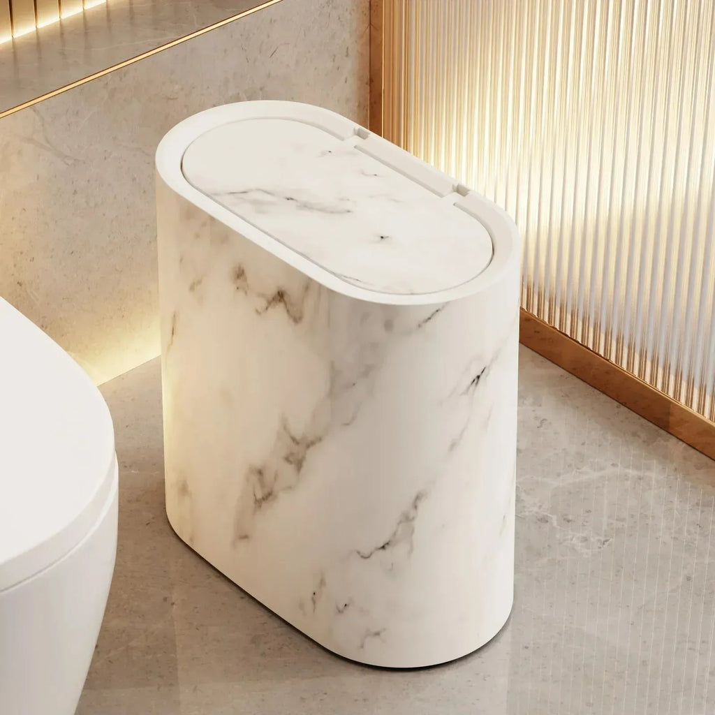 Nordic Marble-Effect Elliptical Push-Top Bathroom Wastebasket
