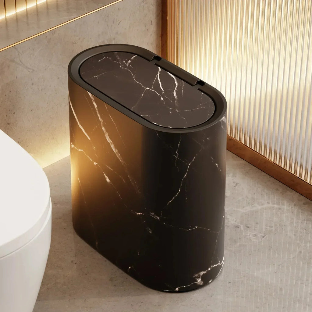 Nordic Marble-Effect Elliptical Push-Top Bathroom Wastebasket
