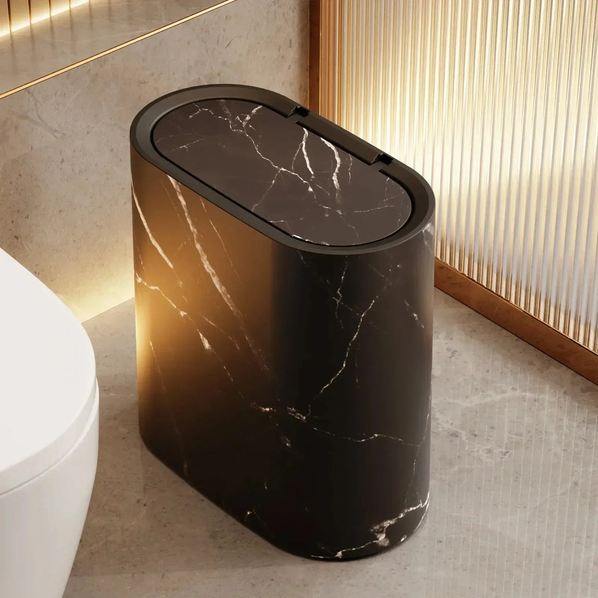 Nordic Marble-Effect Elliptical Push-Top Bathroom Wastebasket